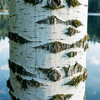 Finnish lake mirror, dead-calm reflection, the texture of birch bark in close-up