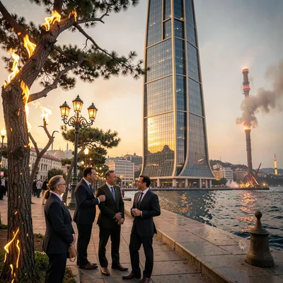 Oil-baron nouveau meeting Flame Tower modernity in windy Baku, wind-bent trees o