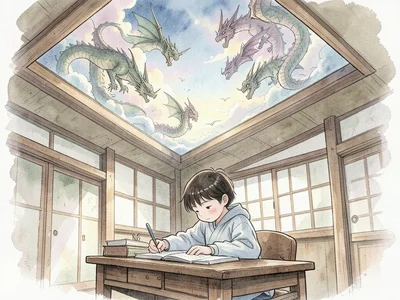 Child at desk doing homework, but ceiling above opens into fantasy sky with drag