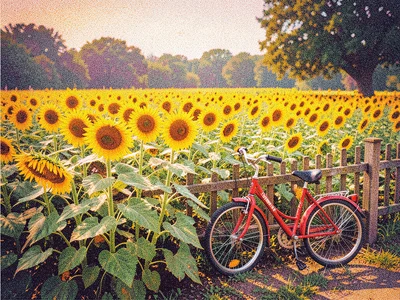 A sunflower patch at peak bloom with a child's red bicycle leaning against the g