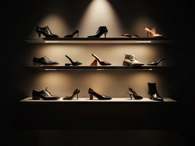 Shoe collection arranged on floating shelves, minimalist display, warm spotlight