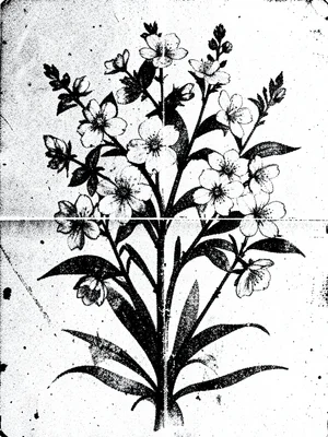 Photocopied botanical illustration degraded through multiple generations, spring