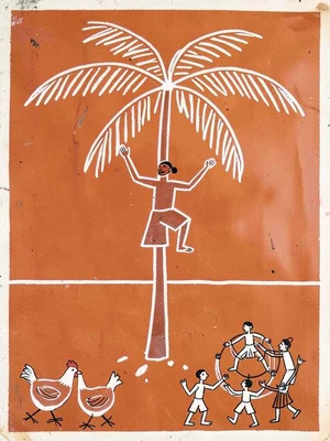 Man climbing a palm tree — stick figure ascending, fronds at top, chickens below