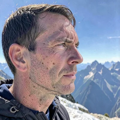 Crystal clear high-altitude light, sharp mountain air quality, A weather-beaten 