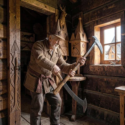 Maramures wooden craft, hand-carved church detail, A farmer sharpening a scythe 