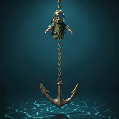 Underwater scene of an anchor chain descending into deep blue, soft caustics rip