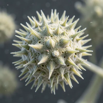 Pollen grain SEM-style image, spiky sphere of ragweed pollen, surface sculpture 