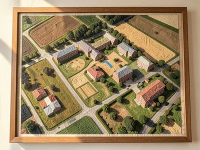 Aerial view of school campus, playground, fields, buildings as geometric pattern