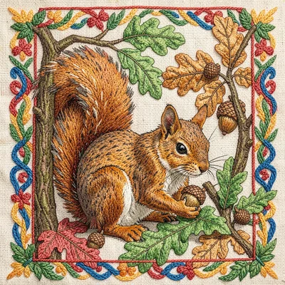 Otomi Tenango embroidery illustration, a squirrel gathering acorns among oak lea