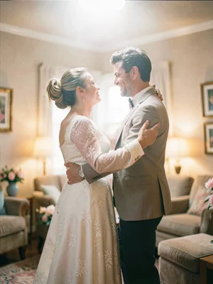 Couple slow dancing in living room