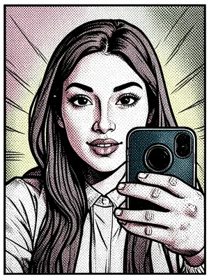 Selfie being taken rendered in Lichtenstein style, phone screen, benday dots, ou