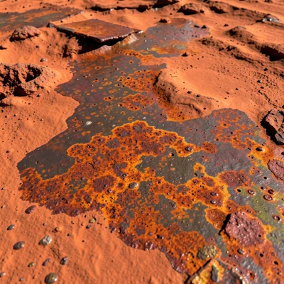 Rust patterns on steel, macro, abstract landscape resembling aerial Mars terrain