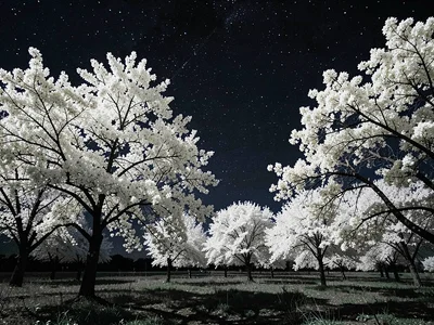 Landscape dark sky white trees