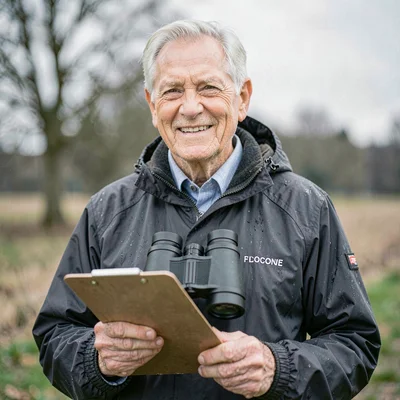 Available-light portrait of a smiling older volunteer in a rain jacket with bino