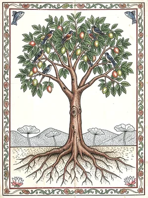 Mango tree with birds nesting in branches, roots shown beneath soil line, full f