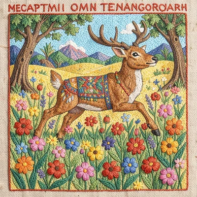Otomi Tenango embroidery illustration, a deer spirit leaping through flowering m