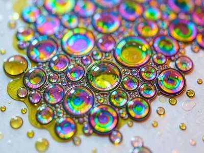 Cooking oil splattered on wet kitchen counter, scattered droplets each showing m