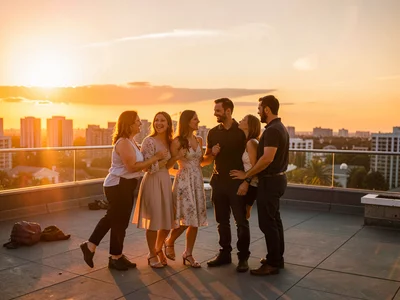 Friends on rooftop at golden hour