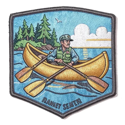 Embroidered patch illustration, Canoe on water with paddles , merit badge aesthe
