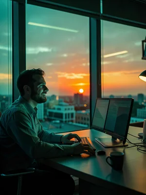 Office worker at sunset window