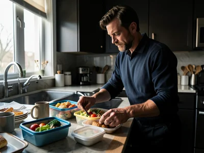Dad packing school lunches in morning kitchen, coffee mug, lunch boxes