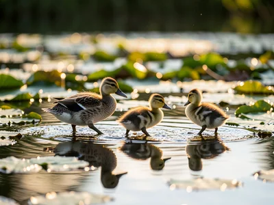Three ducklings following their mother across a pond, lily pads, reflections