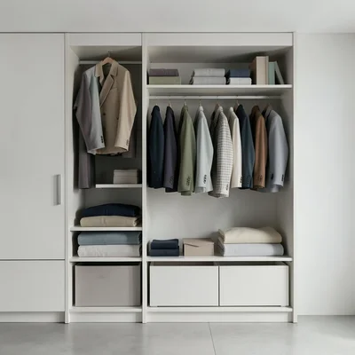 Closet/wardrobe contents in Bauhaus style, clothes as color blocks, geometric fo
