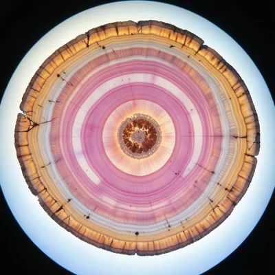 Rhodochrosite stalactite cross-section, concentric pink and white banding in per