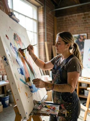 Woman painting on a large canvas in a loft studio, paint-splattered overalls, af