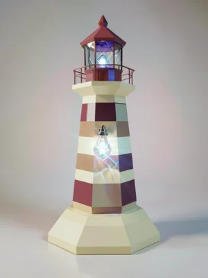 A faceted sapphire lowpoly lighthouse with a tall striped body and a single crys