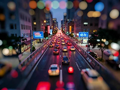 Evening tilt-shift photograph from a bridge over a busy city street, saturated r