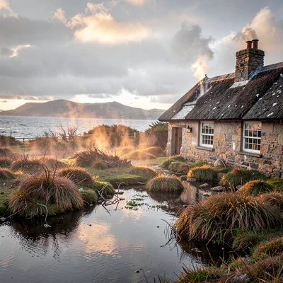 Connemara bog light, Atlantic silver, Thatched cottage roof steaming after rain,