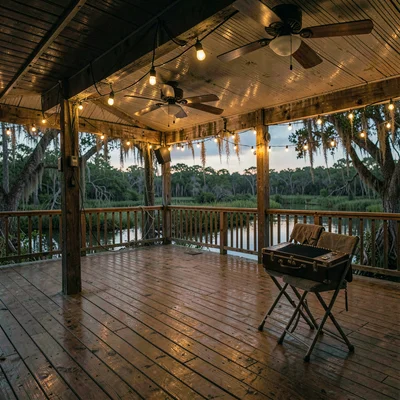 Atmospheric photograph with Louisiana bayou sensibility, A dance hall at dusk, s
