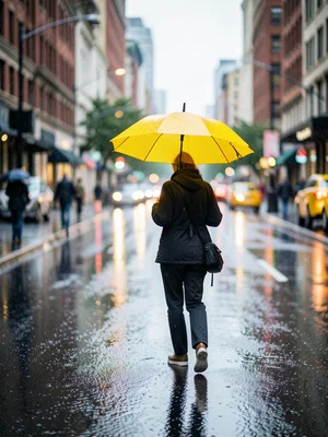 Person with yellow umbrella crossing rain-slicked city street, reflections every