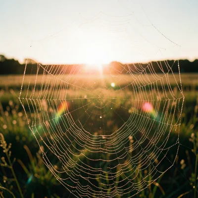 Dew drops on spider web in morning spring light, prismatic reflections