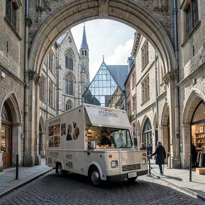 Medieval-modern temporal collision, Ghent layers, Food truck serving through arc