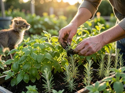 Hands harvesting herbs from a kitchen garden, basil and rosemary