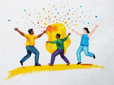 Three figures dancing in a loose circle around a wobbly hand-painted shape, goua