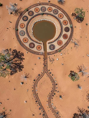 Wallaby tracks leading from water puddle across dry clay flat, top-down
