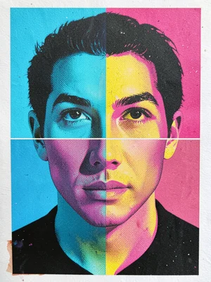 CMYK portrait with each plate progressively more offset, face dissolving into fo