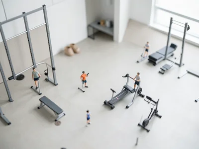 Gym interior from above, tilt-shift, miniature people on tiny equipment