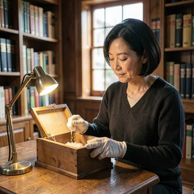 A gentle Korean rare-book librarian in her thirties opening a phasing box with c