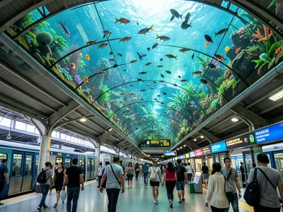 Train station where the ceiling is a living aquarium, fish swimming above commut