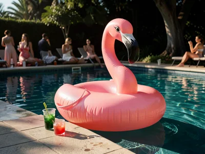 Pool party scene with inflatable flamingo, drinks on edge, afternoon light