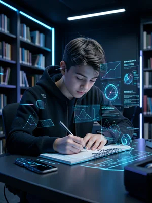 Student writing in notebook, focused concentration, library setting