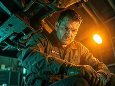 Mechanic under car, trouble light glowing orange, the grease-stained hero