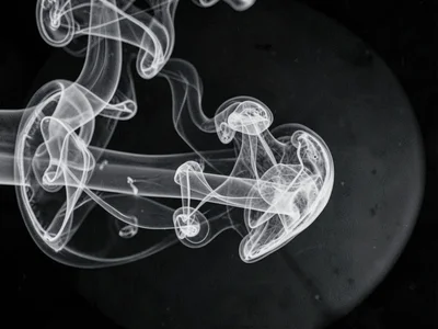 Breath in cold air showing internal structure of plume