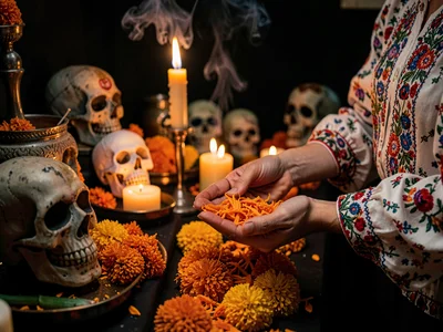 Hands placing marigold petals on altar path