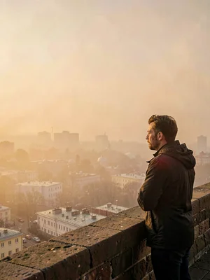 Standing at a parapet, the city below dissolves into sodium-amber haze while roo
