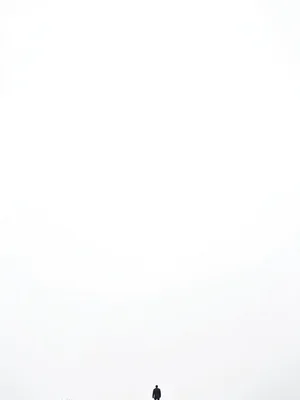 Single small figure standing at bottom edge against endless white foggy sky